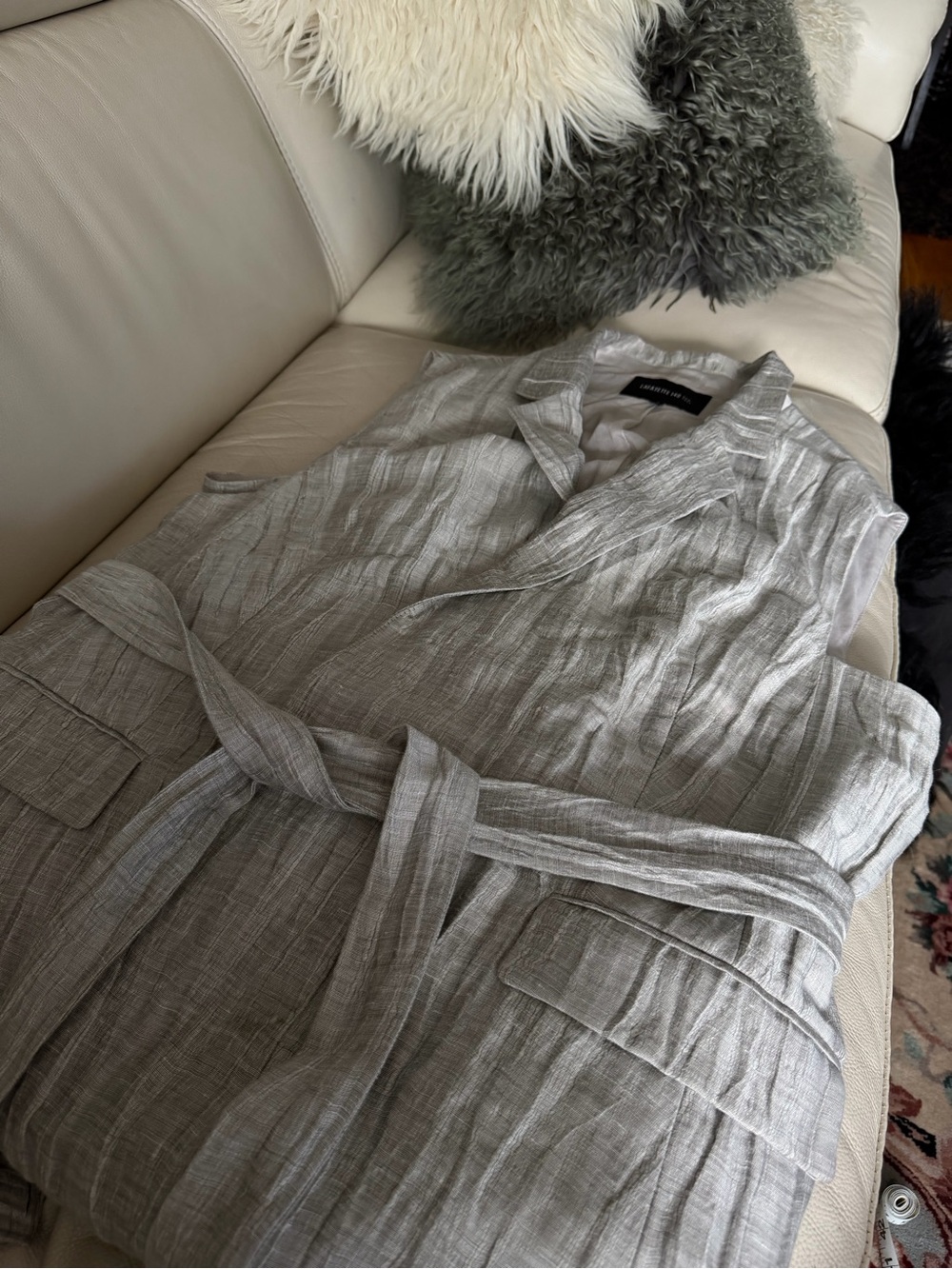 Lafayette 148 Light Gray Sleeveless Linen-Blend Wrap Vest